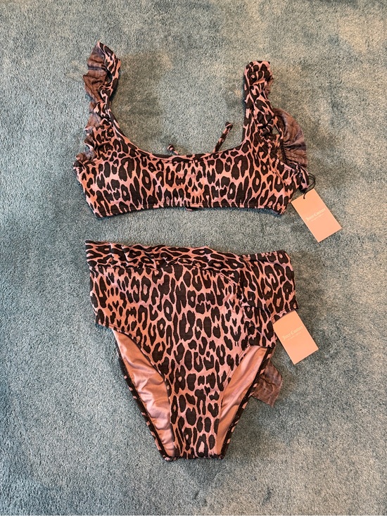 Juicy Couture Other - Juicy Couture Ruffled Bikini Set Pink & Black Leopard Print Sz L High Waist NWT